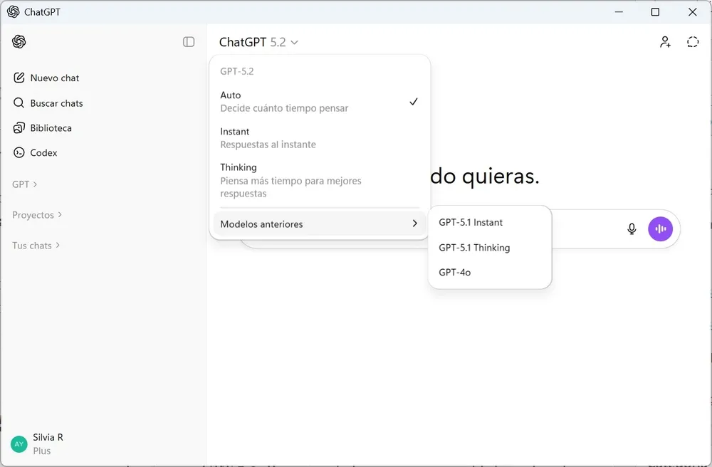 Fenêtre principale de ChatGPT utilisant le nouveau modèle GPT 5.2
