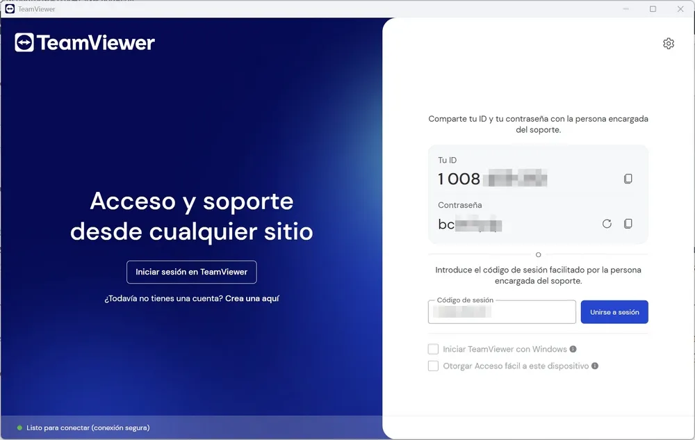 Interface principale de TeamViewer 15.73.5 affichant l'ID de session et le mot de passe pour démarrer une connexion de contrôle à distance.