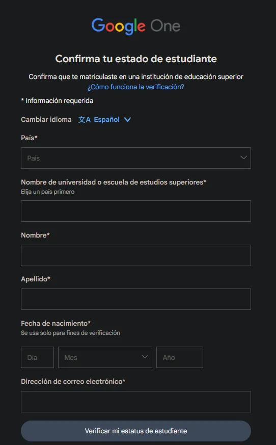 Formulaire Google pour commencer à vérifier notre statut universitaire.