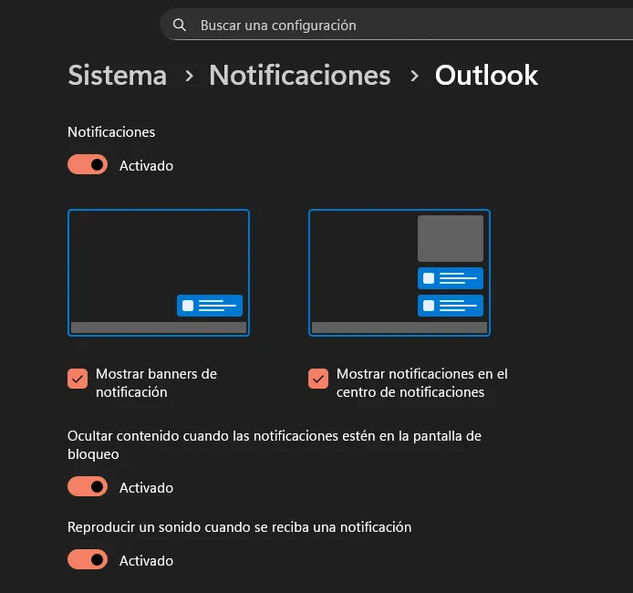 Configurez l'agenda dans les notifications liées aux services Outlook.