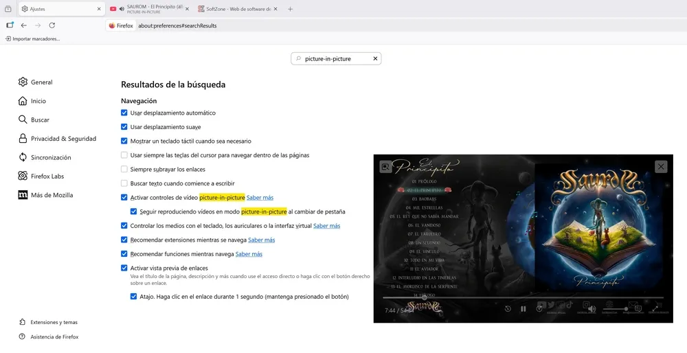 Démonstration de la fonctionnalité Picture-in-Picture (PiP) dans Firefox 147, affichant une vidéo YouTube dans une fenêtre flottante au-dessus d'un autre onglet du navigateur.