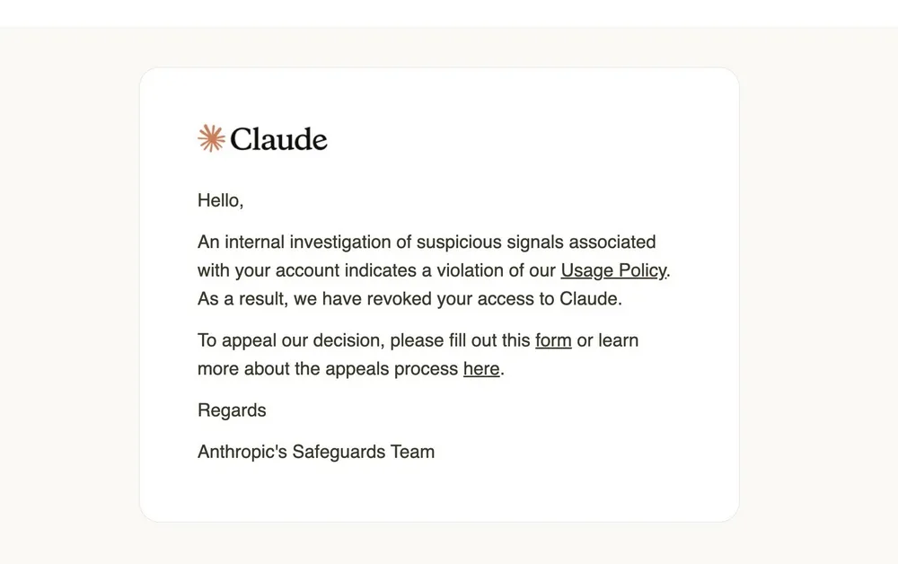 Notification de Claude concernant la révocation de l'accès au compte pour violation des politiques d'utilisation d'Anthropic.