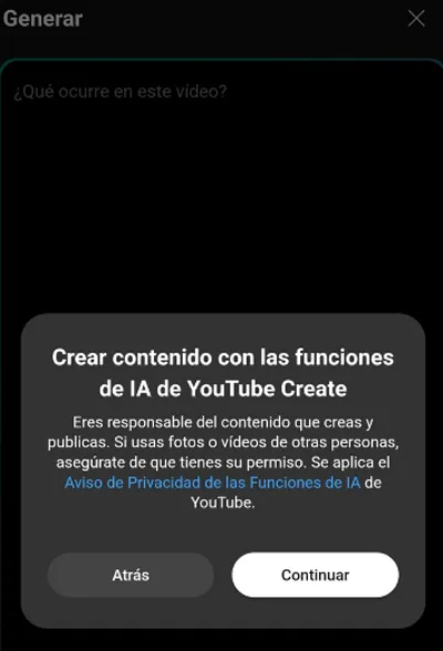 Fenêtre pour créer une vidéo avec des fonctions d'IA dans YouTube Create.
