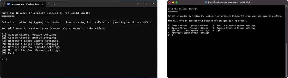 Capture d'écran du script Just The Browser exécuté dans un terminal, montrant le menu interactif pour sélectionner Chrome, Edge ou Firefox.