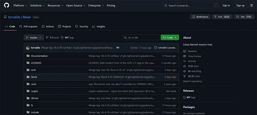 Dépôt Linux officiel appartenant à Linus Torvalds sur GitHub.