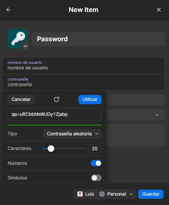 Créez une nouvelle entrée sécurisée dans le programme 1password.