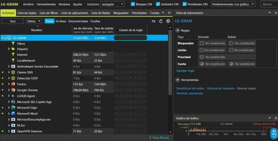 Interface principale du programme NetLimiter pour contrôler l'accès à Internet.