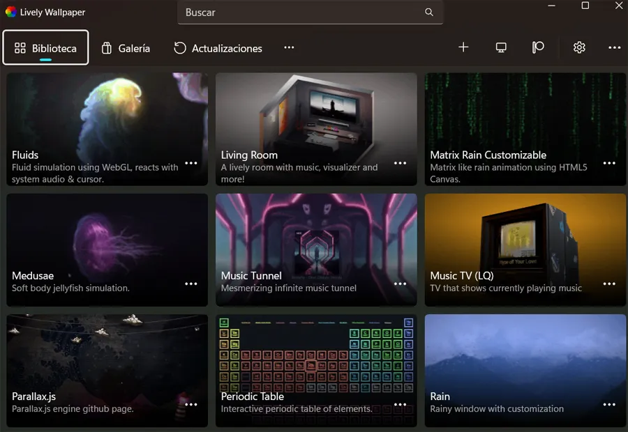 Interface initiale du programme de papier peint, Lively Wallpaper.