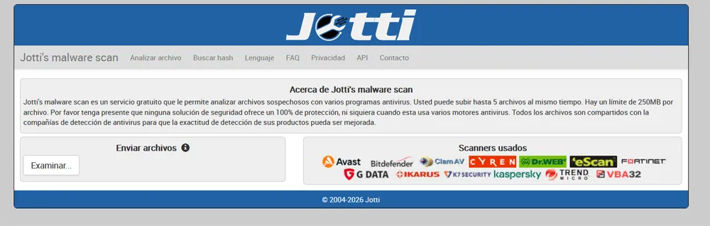 Interface d'application Web de sécurité Jotti.