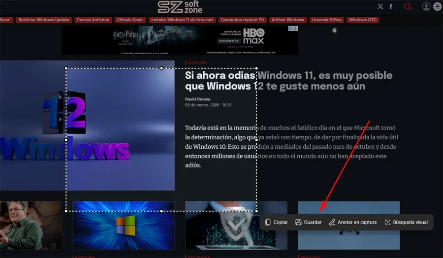 Zone sélectionnée dans Edge avec grabber intégré.