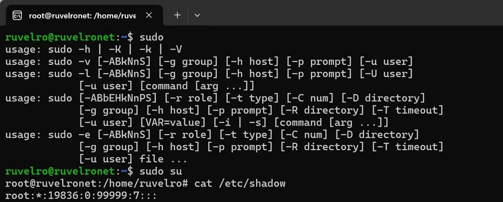 Terminal Linux affichant la commande sudo et le contenu du fichier /etc/shadow.