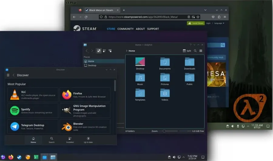 Interface avec certaines fenêtres exécutant la distribution Linux Bazzite.