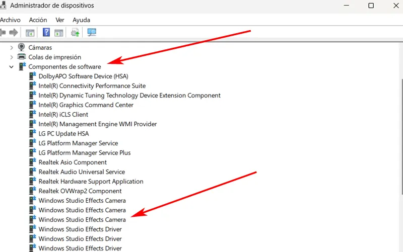 Composants logiciels dans le Gestionnaire de périphériques.