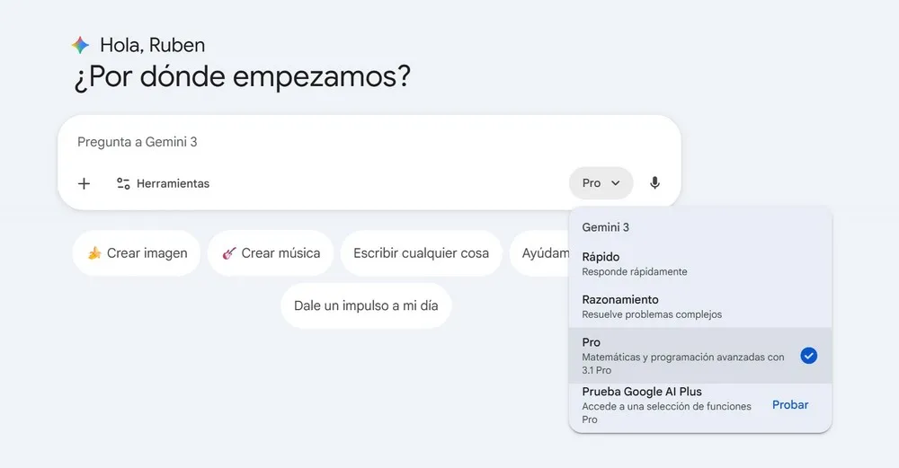 Interface Web Gemini 3.1 Pro avec champ de recherche et options de configuration.