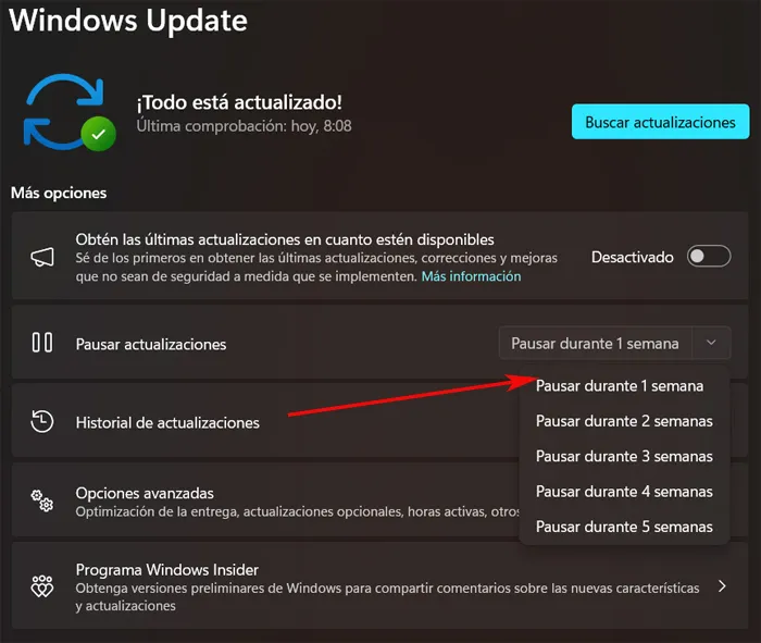 Paramètres Windows pour suspendre l'arrivée des correctifs.
