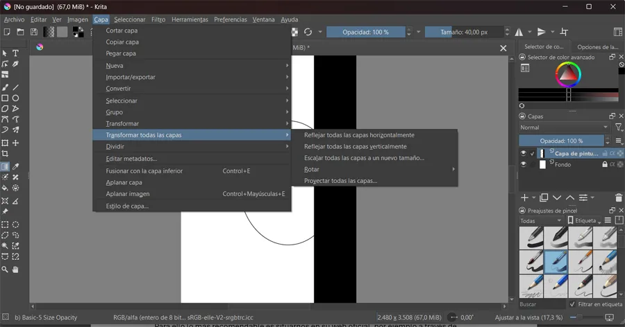 Interface du programme Krita avec le menu des calques en vue.
