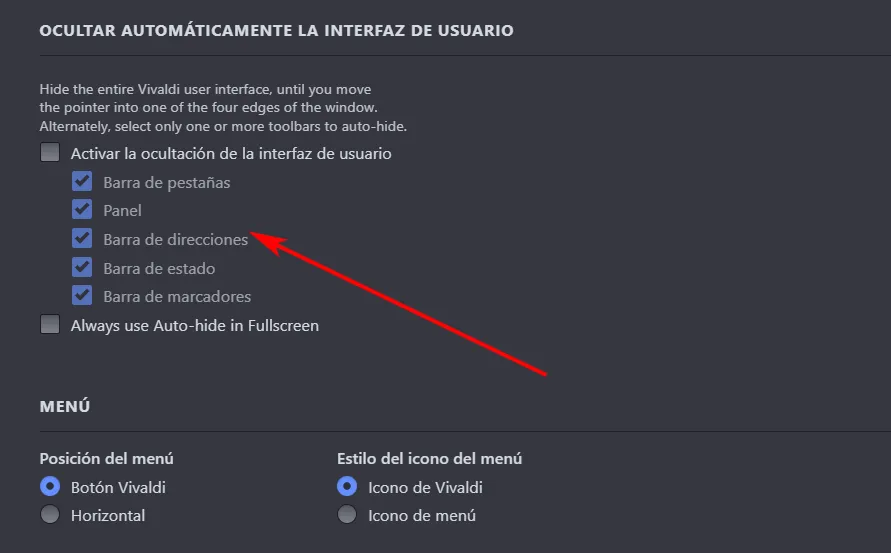 Masquer automatiquement l'interface Vivaldi