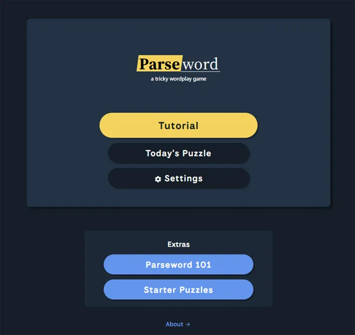 Interface principale du jeu Parseword.