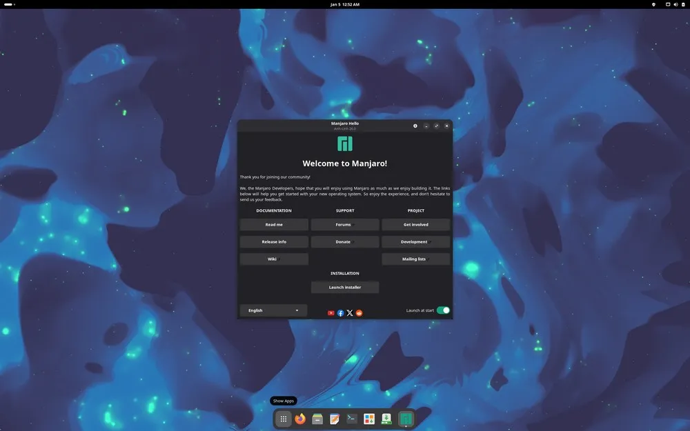 Écran de démarrage Manjaro Linux avec fond bleu et menu d'options.