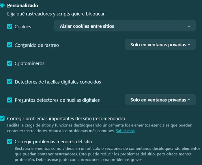 Paramètres Firefox personnalisés avec options de cookies, suivi du contenu, cryptomineurs et détecteurs d'empreintes digitales