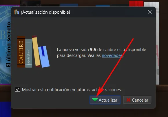 Mettez à jour Calibre au démarrage du programme.
