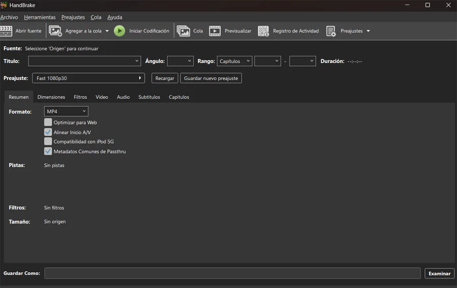 Interface principale du programme HandBrake.