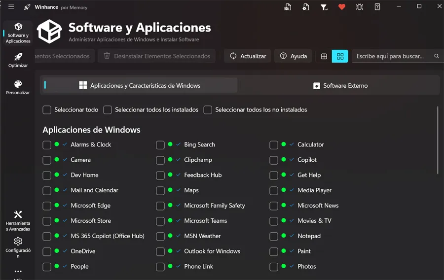 Interface principale du programme Winhance pour nettoyer Windows 11.