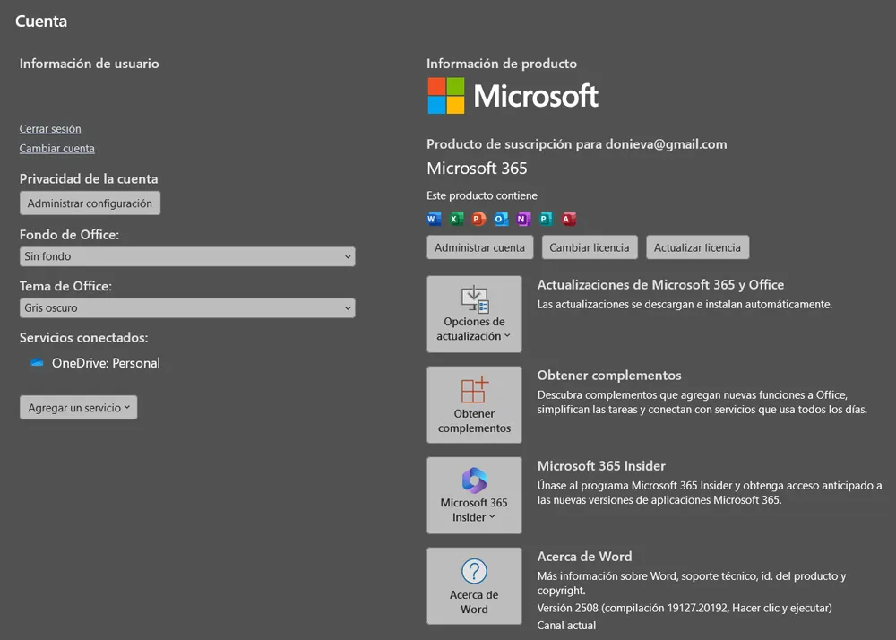 Microsoft 365 avec plusieurs de ses options de configuration.