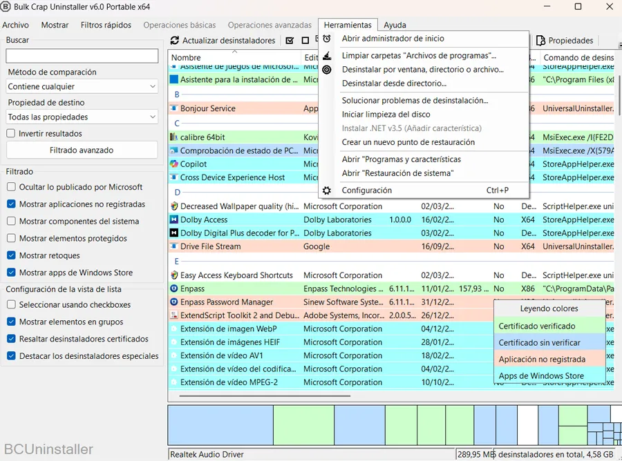 Interface du programme Bulk Crap Uninstaller