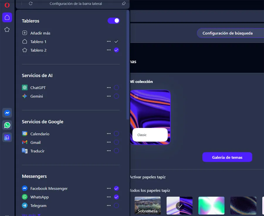 Barre latérale avec accès dans Opera.