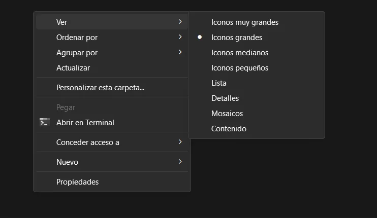 Options d'affichage du contenu dans l'Explorateur.