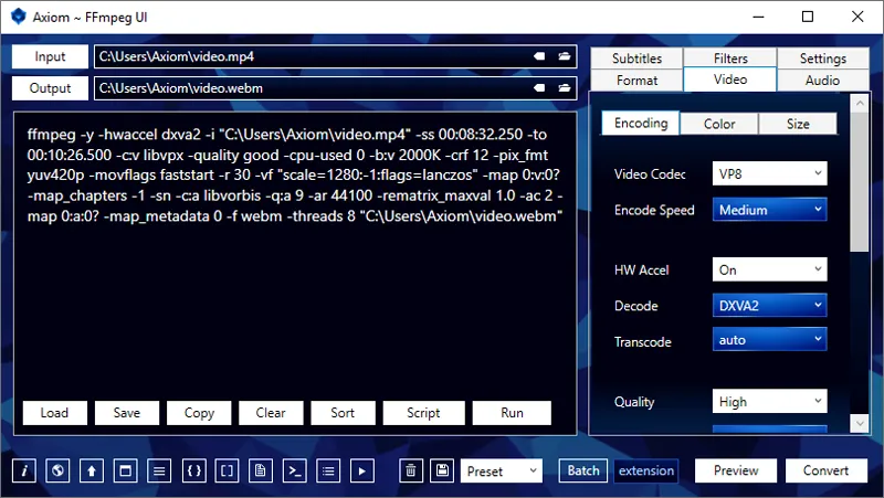 Interface Axion pour l'application FFmpeg.