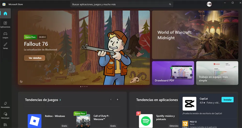 Interface initiale du Windows Microsoft Store.