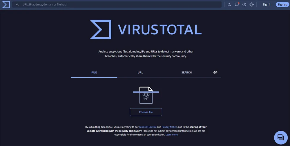 Application Web de sécurité de la plateforme VirusTotal.