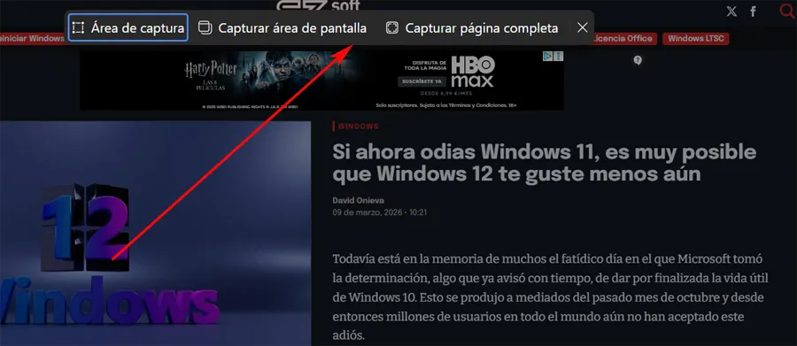 Barre de captures d’écran Edge.