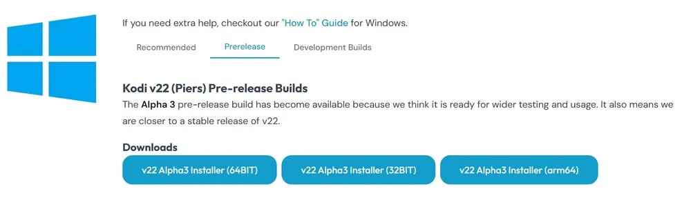 Capture d'écran de la page de téléchargement de Kodi v22 Alpha 3 pour Windows, avec des liens vers les installateurs 64 bits