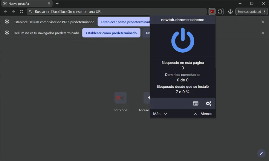 Interface principale du navigateur Helium.