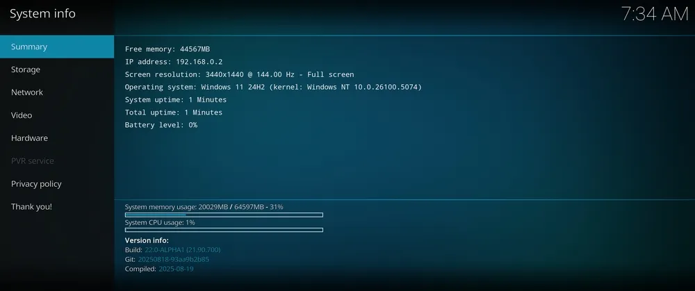 Menu d'informations système Kodi 22 Piers avec Alpha 1 installé