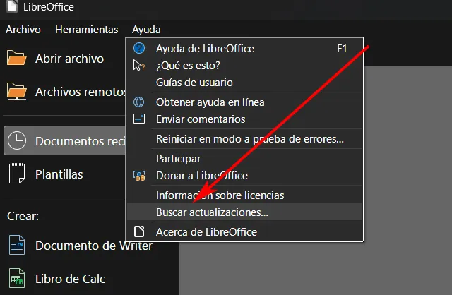 Recherchez les mises à jour automatiques de LibreOffice.