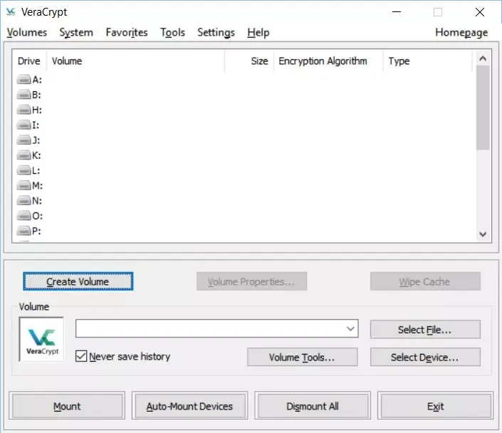 Fenêtre du logiciel de chiffrement Veracrypt pour commencer sa configuration.