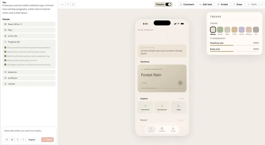 Interface principale de Claude Design AI