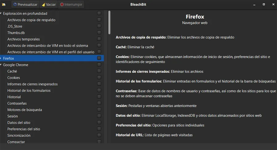 Interface principale du programme BleachBit.