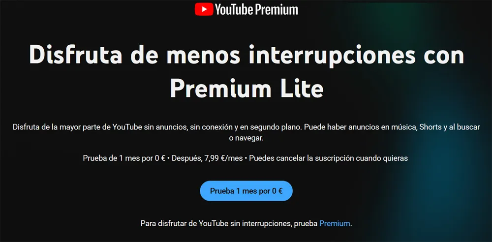 Site Web d'abonnement YouTube Premium Lite