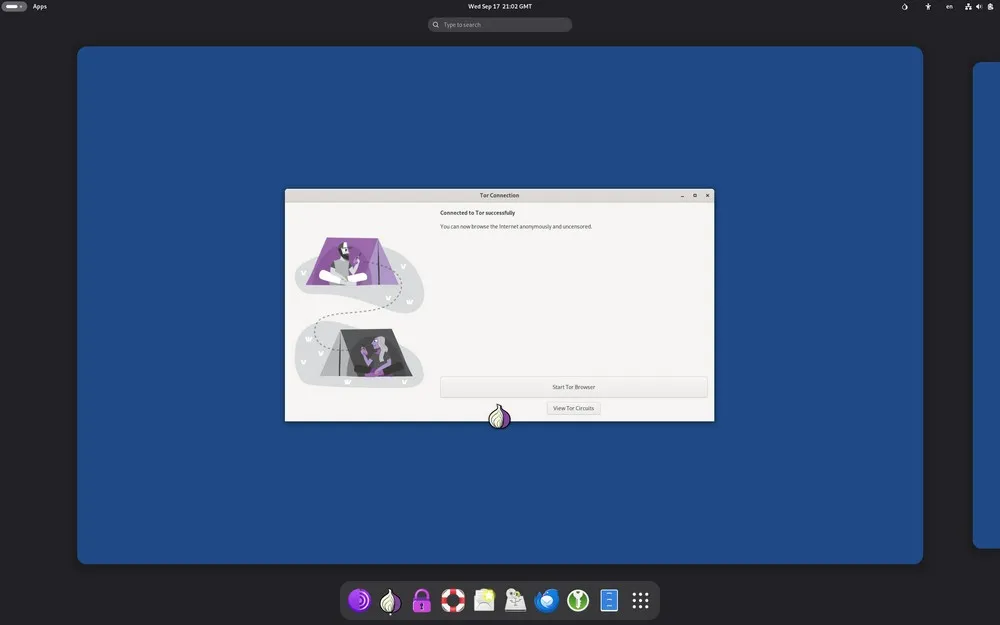 Fenêtre de connexion réseau Tor avec barre d’application.