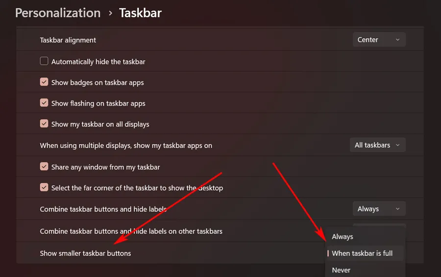 Fonctionnalité de paramètres pour réduire la barre des tâches Windows.