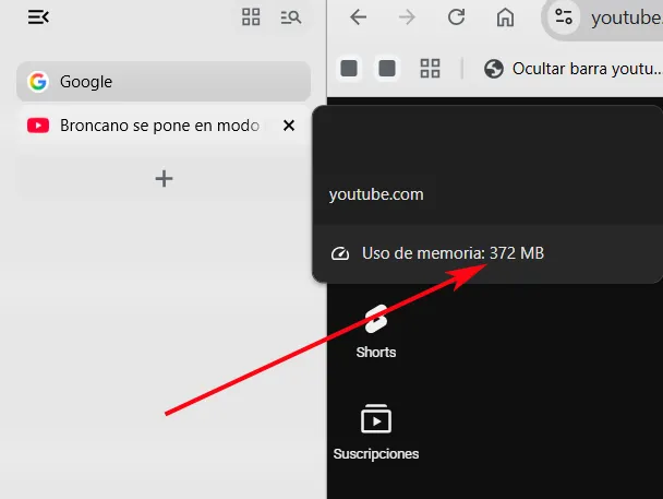 Utilisation de la RAM d'un onglet Google Chrome.