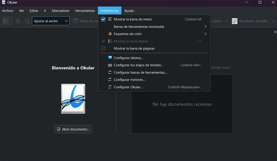Interface principale de l'application PDF Okular.