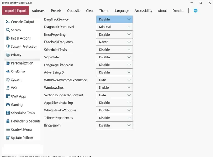 Interface principale du script Sophia pour Windows.