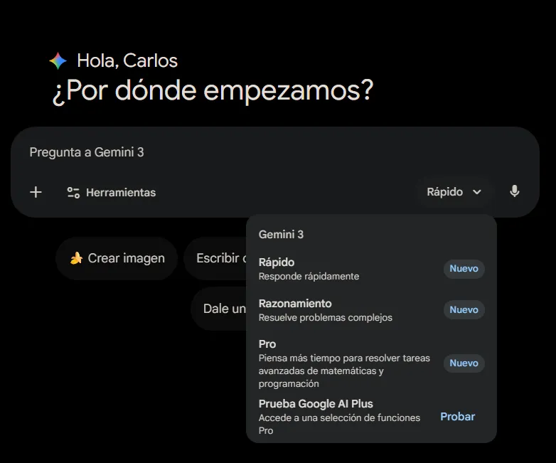 Interface Gemini 3 en version web avec différentes options d'utilisation