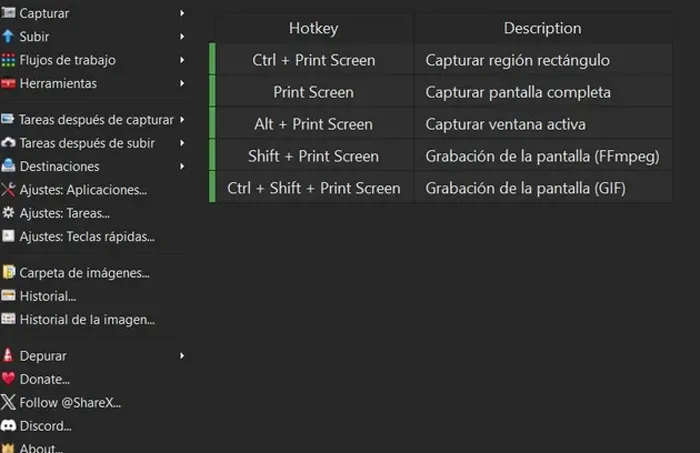 Modes de capture ShareX.